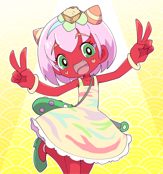 1girl, :d, blue_hairband, bracelet, club, club_(weapon), colored_skin, commentary_request, cowboy_shot, denroku, double_v, dress, facial_mark, fangs, frilled_dress, frills, green_eyes, hairband, horns, jewelry, looking_at_viewer, mamedol_oni, nollety, oni, open_mouth, orange_horns, pink_hair, red_oni, red_skin, shoes, short_hair, sleeveless, sleeveless_dress, smile, solo, spiked_club, standing, standing_on_one_leg, v, weapon, yellow_dress