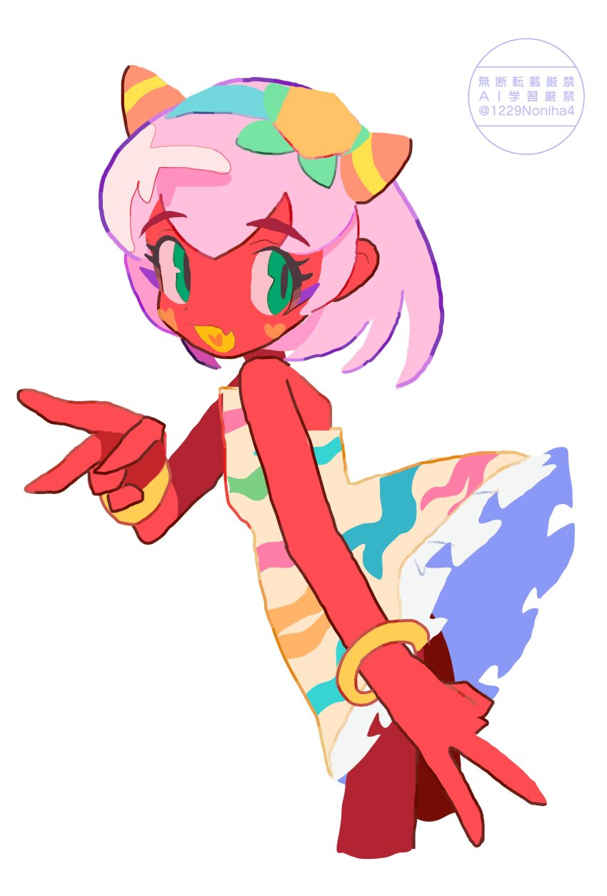 1girl, absurdres, blue_hairband, bracelet, colored_skin, colored_tongue, cowboy_shot, cropped_legs