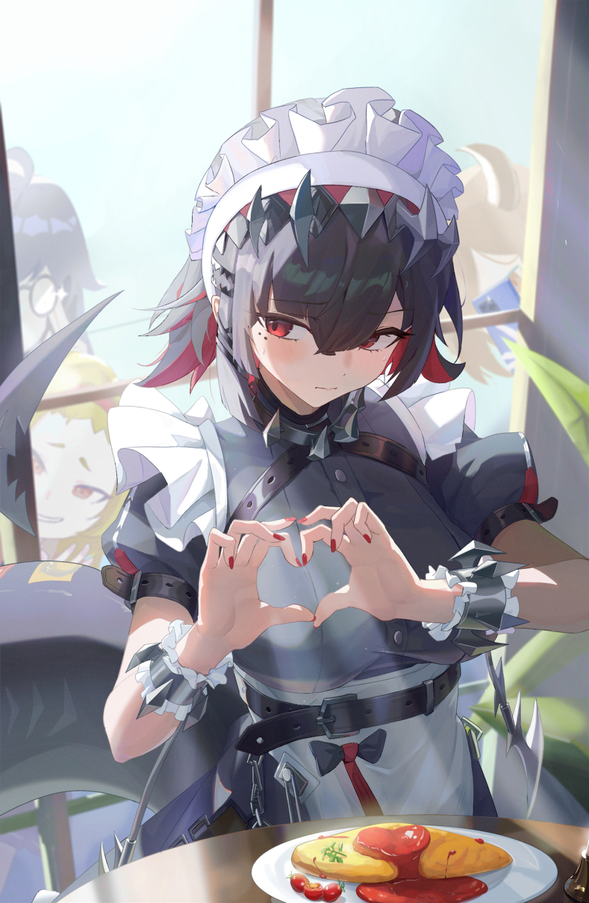 four-finger_heart_hands, 4girls, black_dress, black_hair, breasts, colored_inner_hair, commentary_request, dress