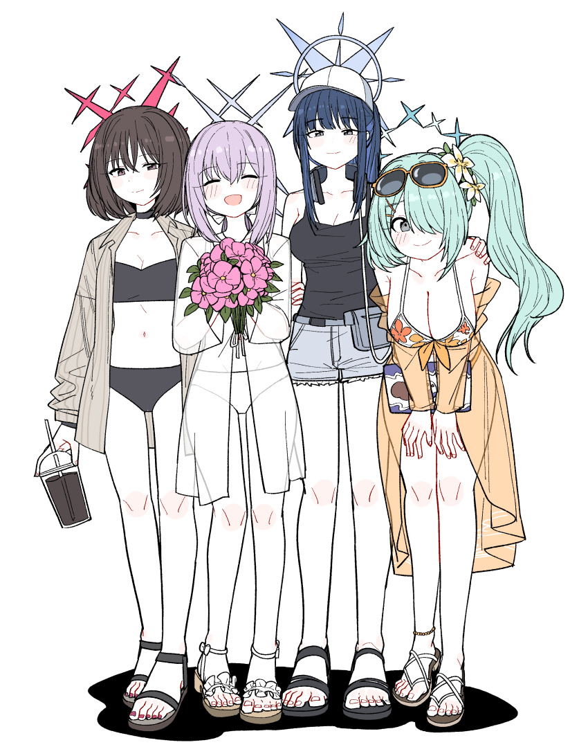 4girls, absurdres, atsuko_(blue_archive), black_hair, blue_archive, blue_hair, closed_eyes, green_hair, hair_between_eyes, highres, hiyori_(blue_archive), long_hair, misaki_(blue_archive), multiple_girls, pink_hair, saori_(blue_archive), sidelocks, wujurana