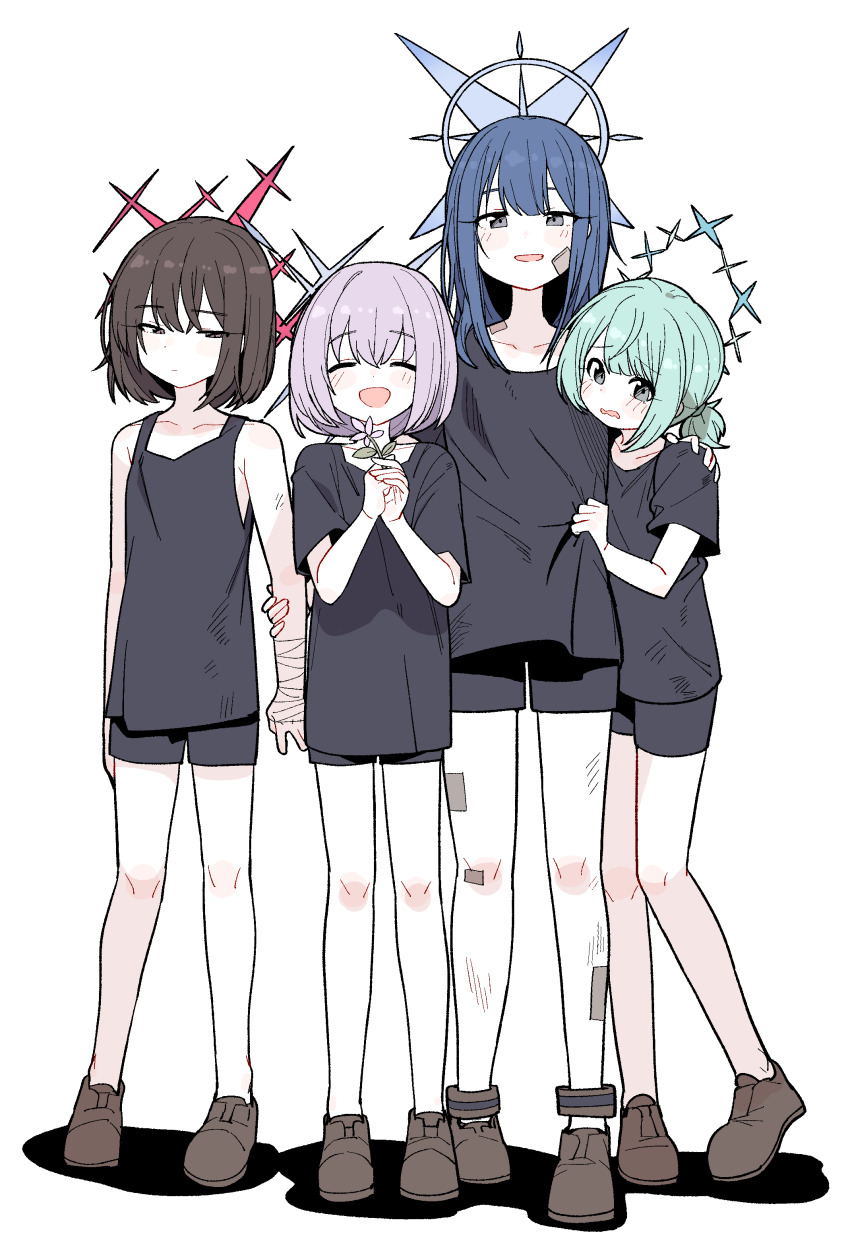 4girls, absurdres, atsuko_(blue_archive), black_hair, blue_archive, blue_hair, closed_eyes, green_hair