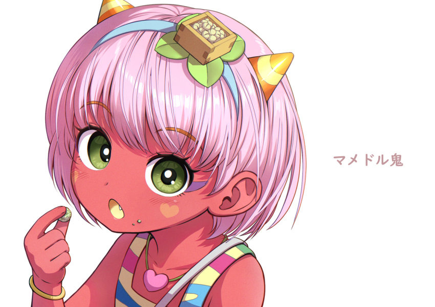 1girl, :o, beans, blue_hairband, bracelet, character_name, colored_skin, colored_tongue