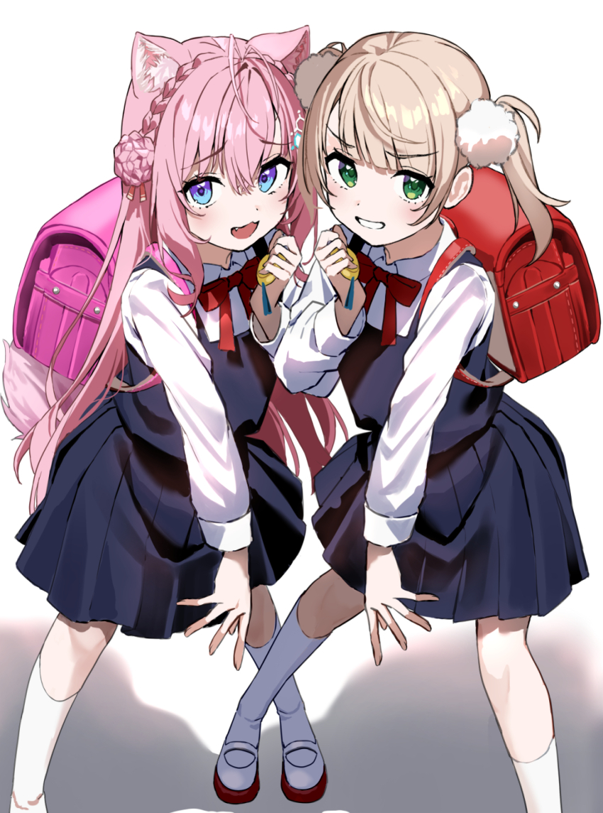 2girls, animal_ear_fluff, animal_ears, backpack, bag, blonde_hair, blue_dress, blue_eyes