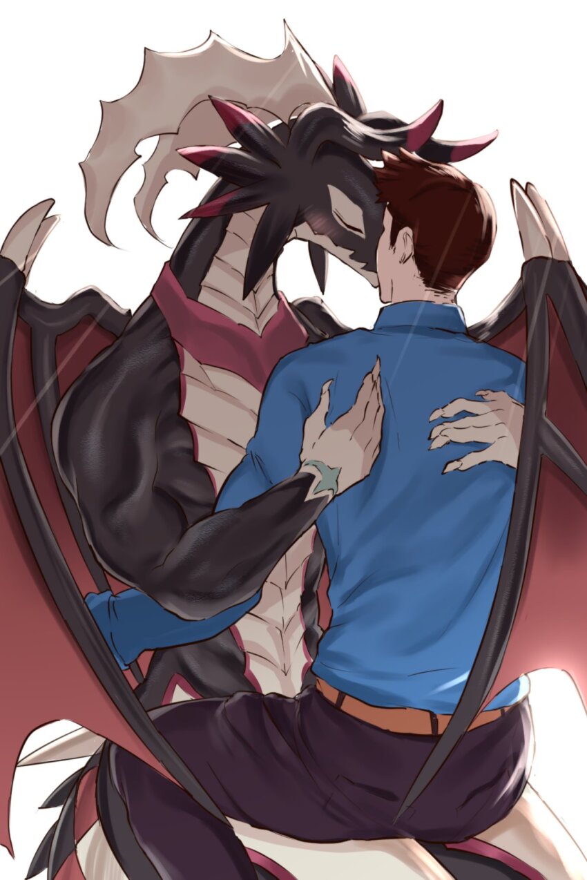 1boy, 1girl, black_scales, blue_shirt, blush, brown_hair, claws, closed_eyes