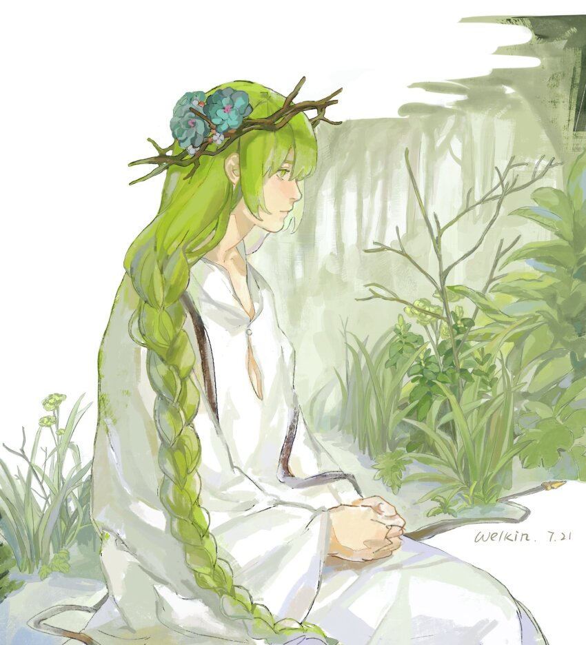1other, 21_welkin, androgynous, braid, braided_ponytail, bush, enkidu_(fate), fate/grand_order