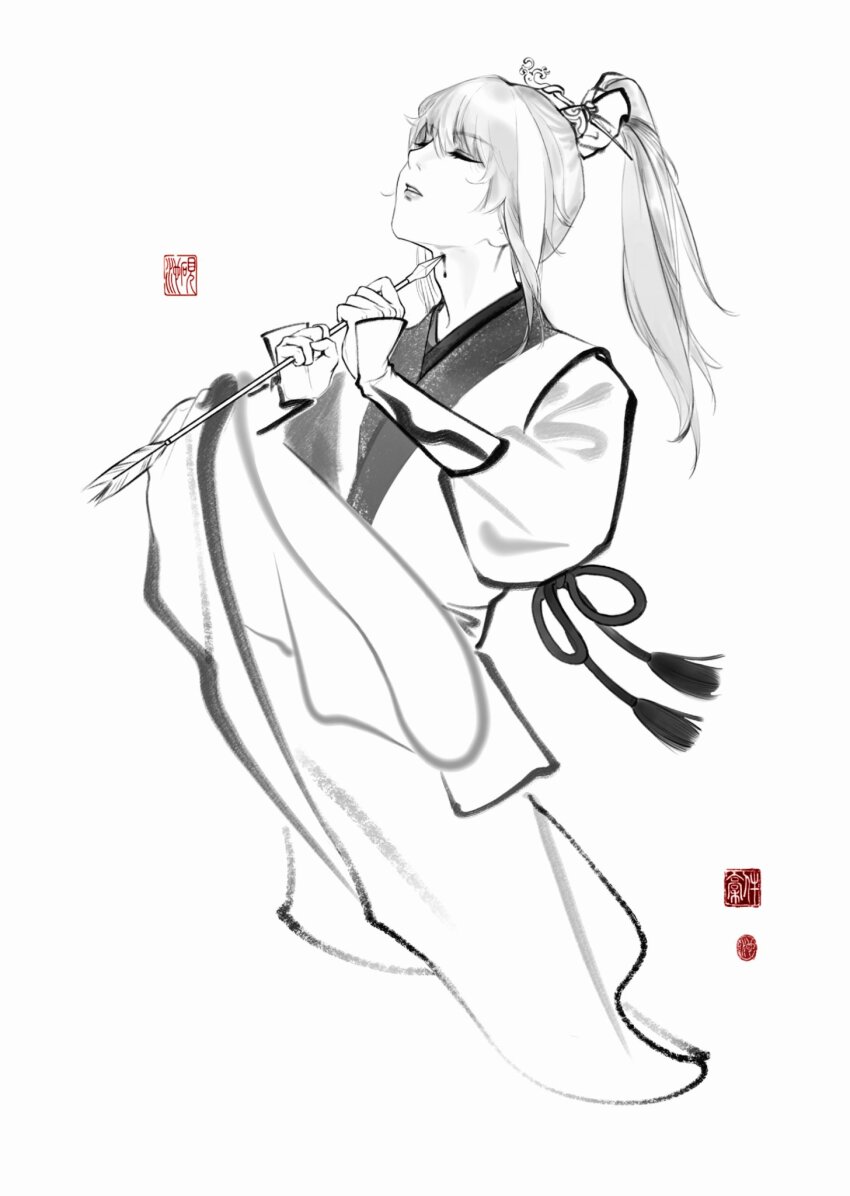 1boy, 21_welkin, androgynous, archer_(fate/samurai_remnant), arm_guards, arrow_(projectile), blade_to_throat, bleeding, blood, chinese_clothes, chinese_hairpin, closed_eyes, cropped_torso, fate/samurai_remnant, fate_(series), greyscale, hair_ornament, hanfu, high_ponytail, highres, holding, holding_arrow, imminent_suicide, long_hair, long_sleeves, male_focus, monochrome, multicolored_hair, parted_lips, ponytail, simple_background, solo, spot_color, tassel, trap, upper_body, white_background, xiao_guan_(headdress)