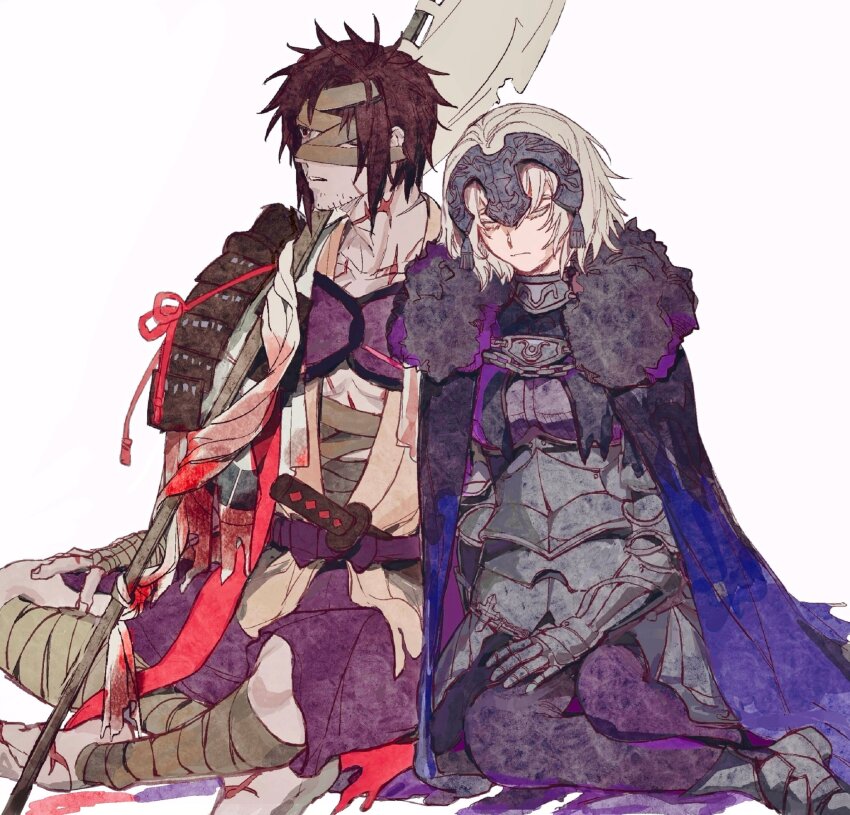1boy, 1girl, 21_welkin, armor, bandage_over_one_eye, bandaged_head, bandages, black_hair, cape, chiemon_(fate), closed_eyes, fate/samurai_remnant, fate_(series), feet_out_of_frame, fur-trimmed_cape, fur_trim, grey_hair, headpiece, highres, japanese_armor, japanese_clothes, jeanne_d'arc_(fate), jeanne_d'arc_alter_(fate), jeanne_d'arc_alter_(lancer)_(fate), leaning_on_person, on_ground, polearm, short_hair, shoulder_armor, simple_background, sitting, sode, sword, weapon, white_background