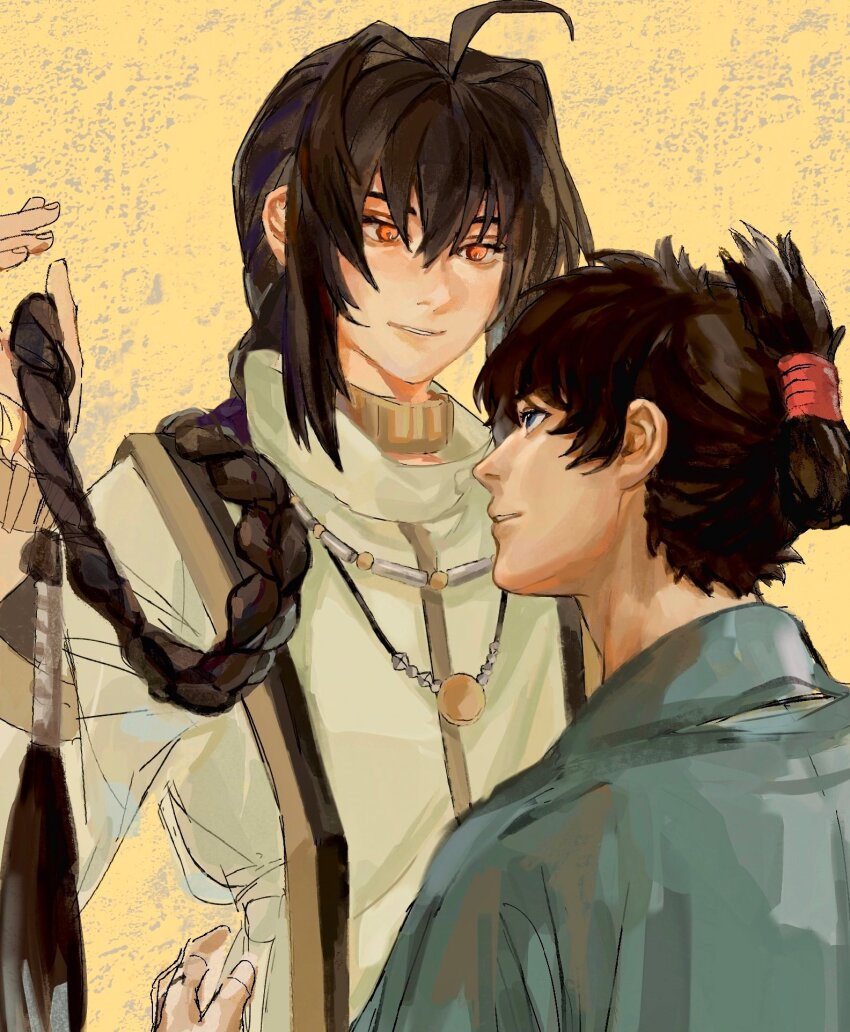 1boy, 1other, 21_welkin, ahoge, androgynous, black_hair, blue_eyes, braid