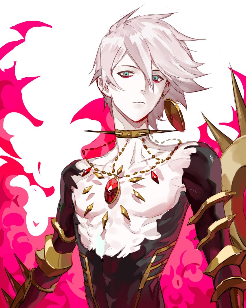 1boy, 21_welkin, absurdres, armor, bare_pectorals, bishounen, blue_eyes, chest_jewel