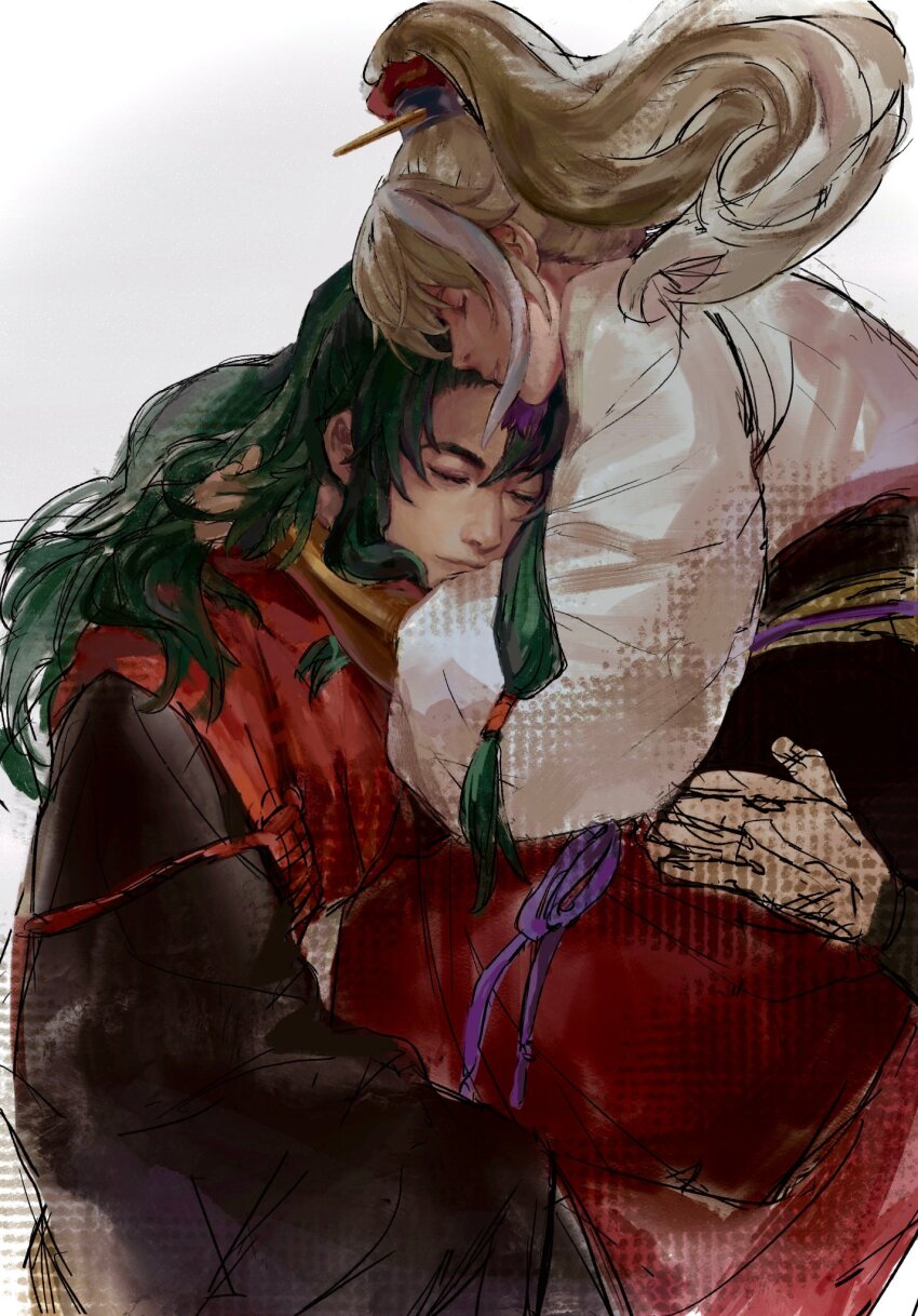 21_welkin, 2boys, archer_(fate/samurai_remnant), black_hanfu, carrying, child_carry, chinese_clothes, chinese_hairpin