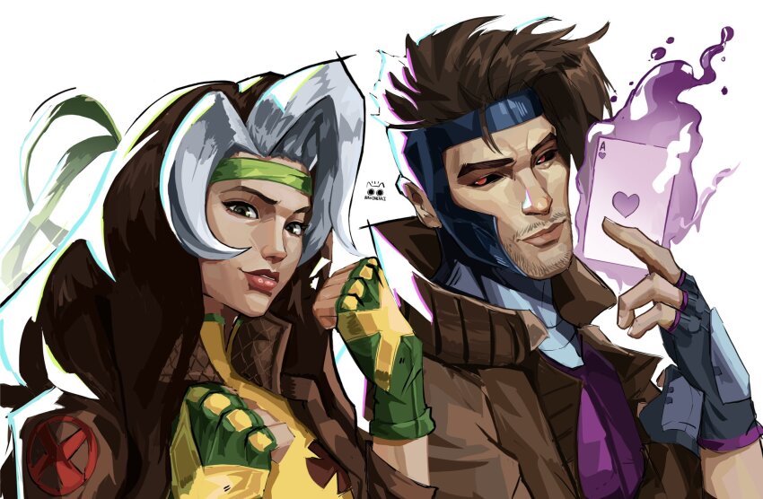 1boy, 1girl, artist_name, between_fingers, black_eyes, black_gloves, black_hair, bodysuit