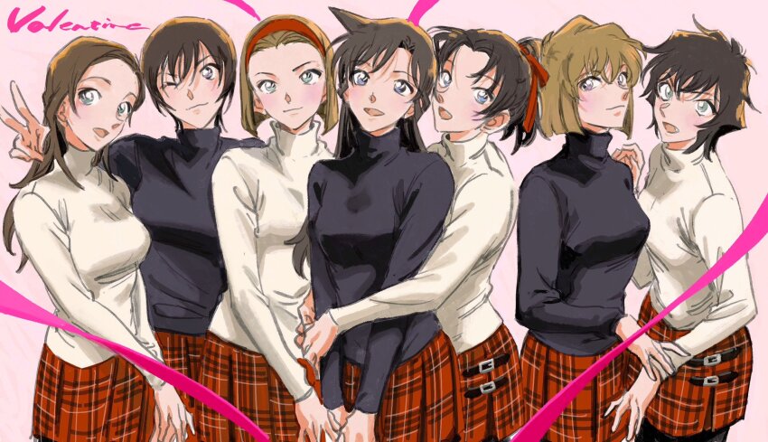 6+girls, :d, ;), black_hair, black_sweater, blue_eyes, brown_hair, closed_mouth, cowboy_shot, enomoto_azusa, fang, green_eyes, hair_ribbon, hairband, high_ponytail, highres, hug, hug_from_behind, long_hair, long_sleeves, looking_at_viewer, masso, meitantei_conan, miniskirt, miyano_shiho, mouri_ran, multiple_girls, one_eye_closed, open_mouth, pink_background, pink_ribbon, plaid_clothes, plaid_skirt, ponytail, red_hairband, red_ribbon, red_skirt, ribbon, satou_miwako, sera_masumi, short_hair, simple_background, skirt, smile, standing, suzuki_sonoko, sweater, tooyama_kazuha, v, valentine, white_sweater