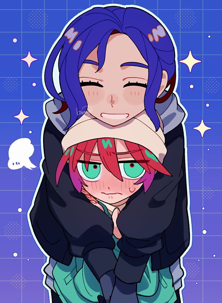 1boy, 1girl, amate_yuzuriha, aqua_eyes, blue_hair, blush, closed_mouth, gundam