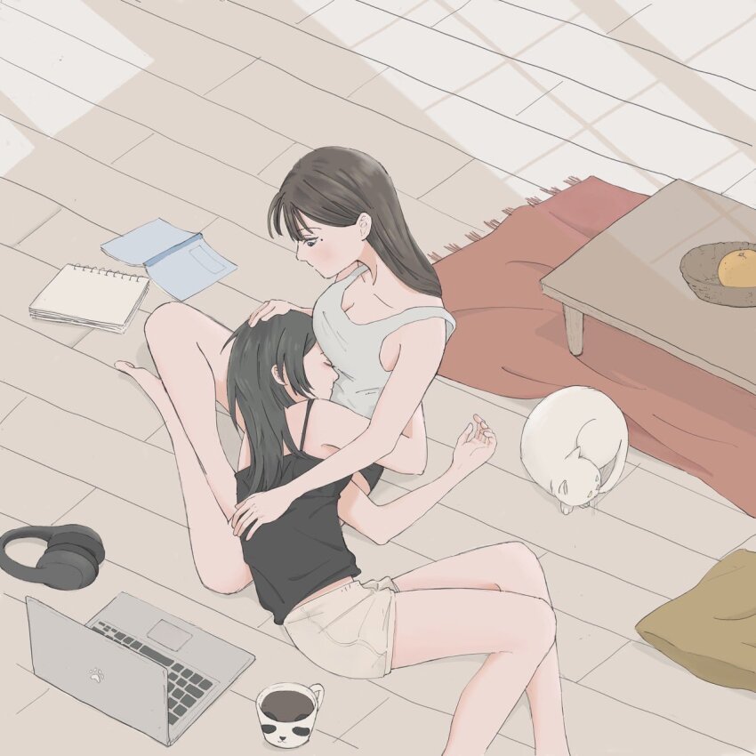 2girls, animalization, bang_dream!, bang_dream!_it's_mygo!!!!!, black_camisole, black_hair, black_shorts, breasts