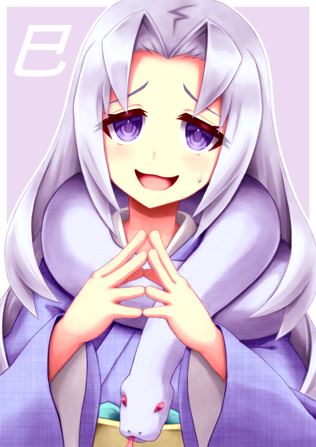 1girl, azure_striker_gunvolt, azure_striker_gunvolt_1, chinese_zodiac, elise_(gunvolt), highres, japanese_clothes, kimono, kirisaku_shampoo_hat, long_hair, nervous_smile, purple_eyes, purple_hair, purple_kimono, smile, snake, solo_focus, upper_body, white_snake, year_of_the_snake