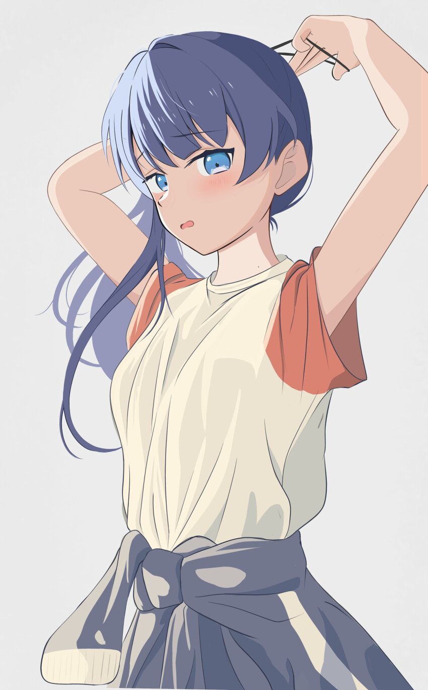 1girl, absurdres, arms_up, blue_eyes, blue_hair, blush, breasts, clothes_around_waist