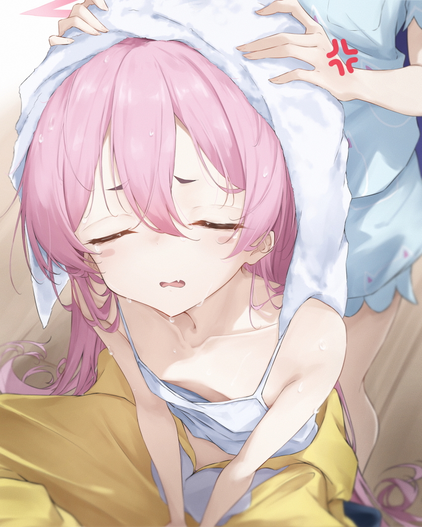 2girls, anger_vein, blue_archive, breasts, camisole, closed_eyes, collarbone, commentary, cosplay, drying, drying_another's_hair, drying_hair, haamon_(harmon), halo, highres, kigurumi, koyuki_(blue_archive), koyuki_(pajamas)_(blue_archive), loli, long_hair, multiple_girls, official_alternate_costume, open_mouth, pink_hair, pink_halo, small_breasts, solo_focus, very_long_hair, white_camisole, yuuka_(blue_archive), yuuka_(pajamas)_(blue_archive)