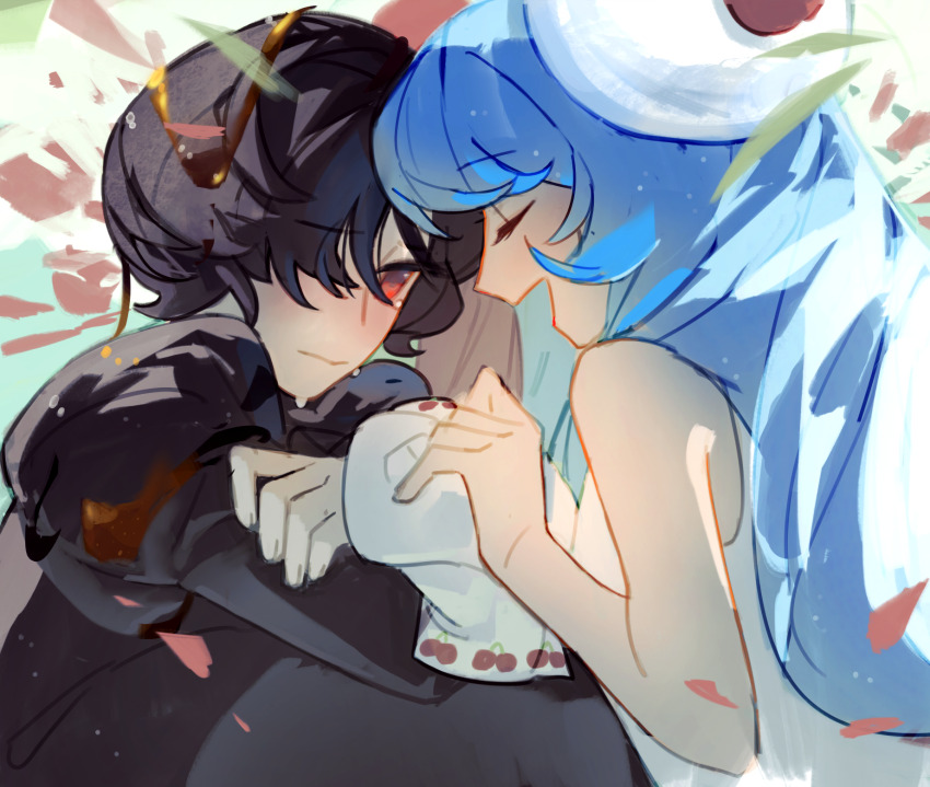 2girls, black_dress, blue_hair, cherry_cola_cookie, closed_mouth, cookie_run, cookie_run:_ovenbreak, cookie_run:_tower_of_adventures