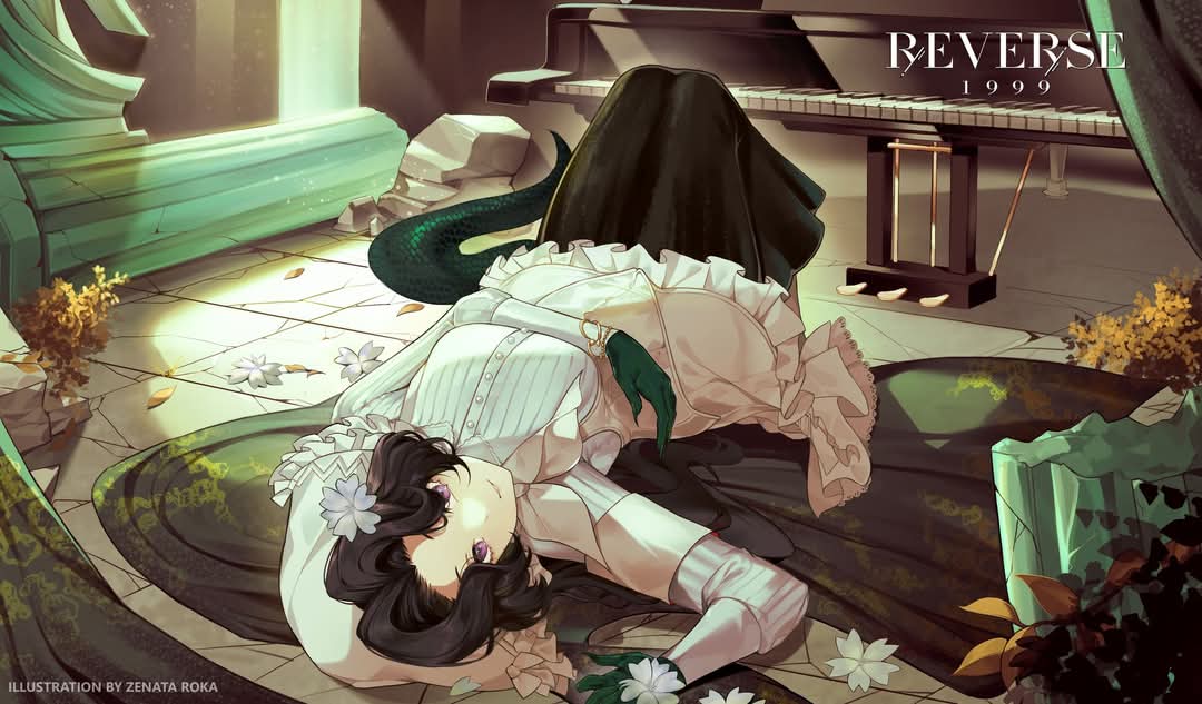 1girl, anjo_nala, black_hair, black_skirt, broken_pillar, coif, copyright_name, corset