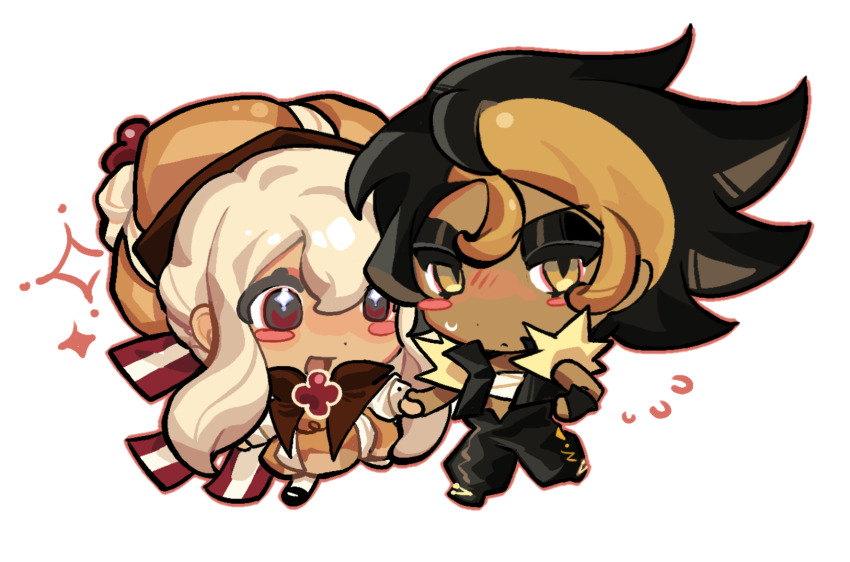 2girls, blush, brown_capelet, brown_dress, brown_hat, capelet, caramel_choux_cookie, chest_sarashi