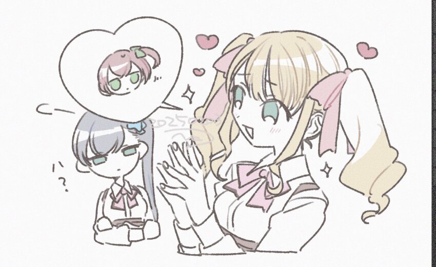 2girls, :d, amamiya_sophia_seren, aqua_eyes, artist_name, assault_lily, blonde_hair, blue_bow