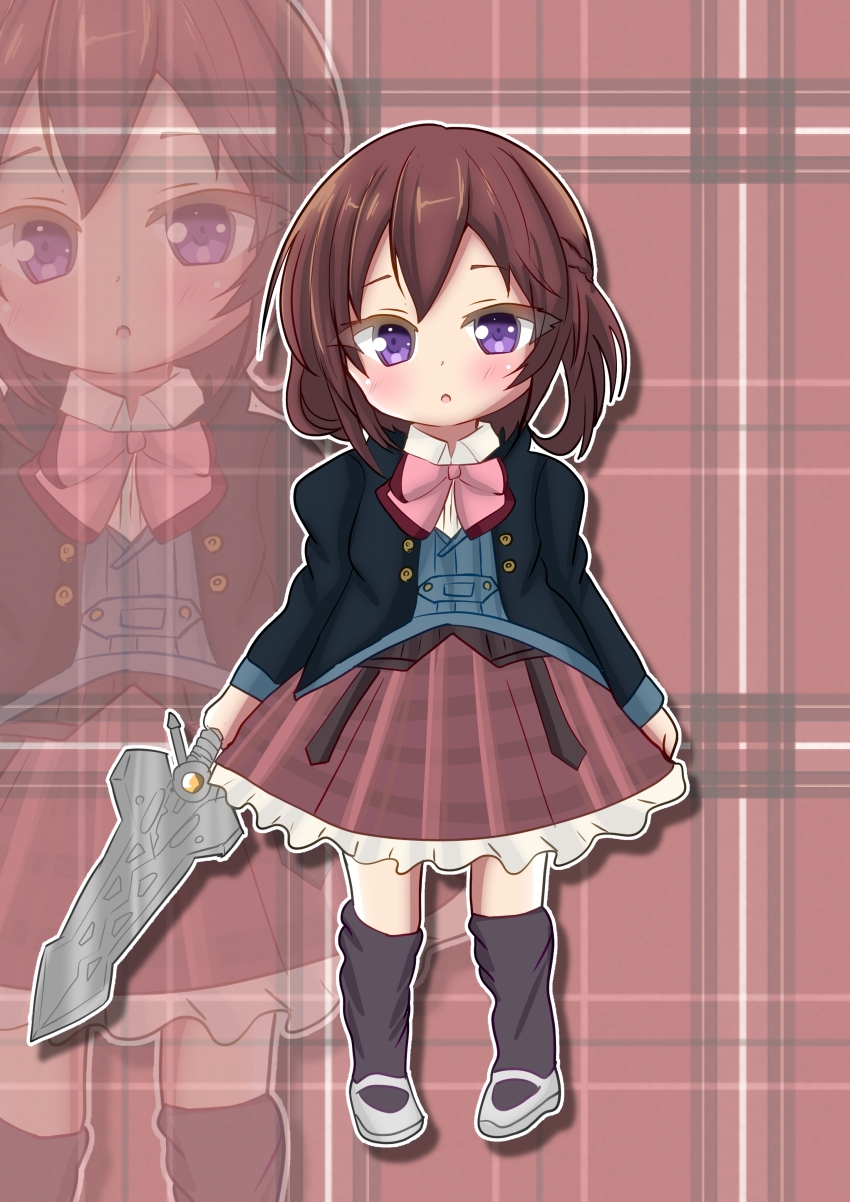 1girl, absurdres, aged_down, arms_at_sides, assault_lily, black_jacket, black_thighhighs, blush