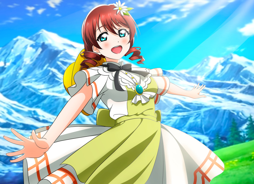 1girl, :d, absurdres, anime_coloring, apron, aqua_eyes, ascot, black_ribbon