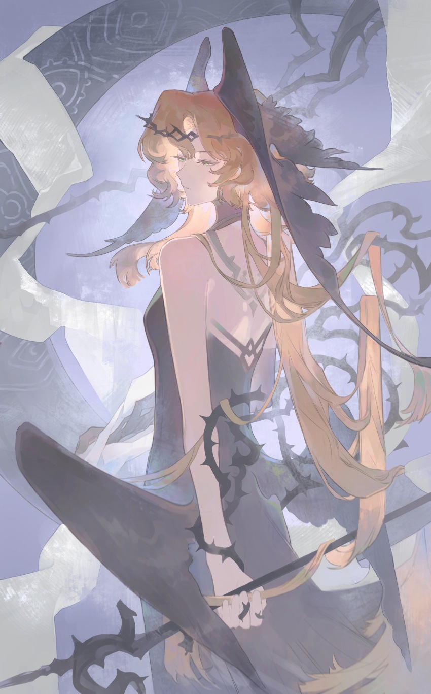 1girl, absurdres, bare_shoulders, black_wings, dress, druvis_iii, druvis_iii_(shrouded_in_thorns), feathered_wings