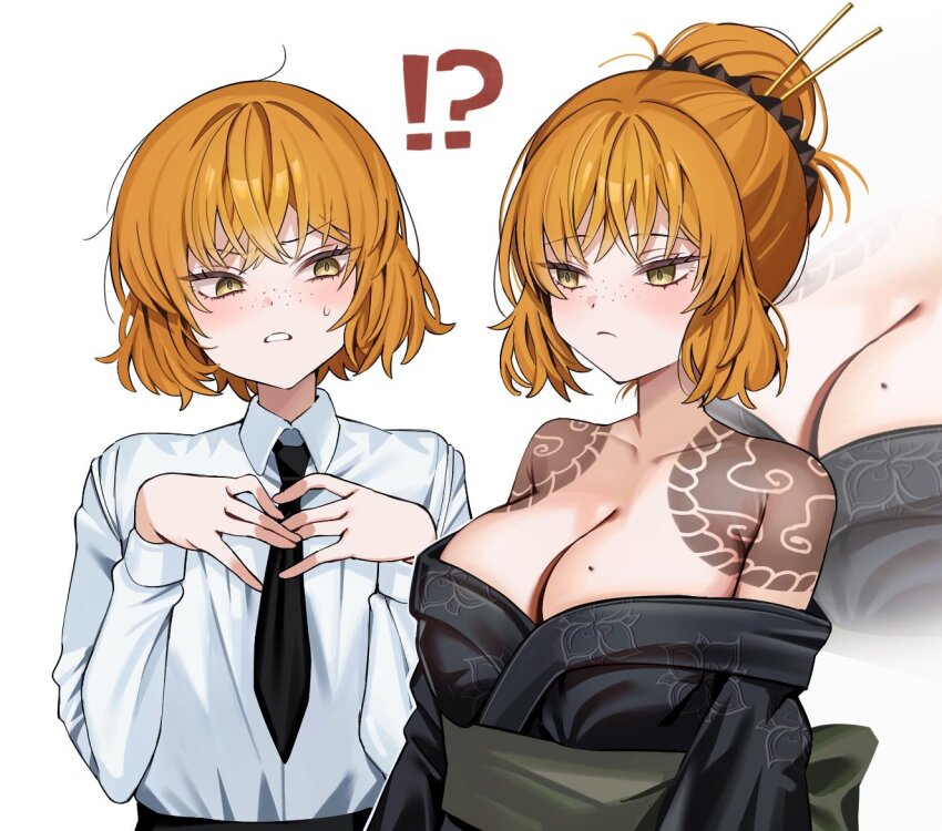 !?, 1girl, black_necktie, breasts, collarbone, collared_shirt, ishmael_(district_21_resident)_(project_moon), ishmael_(project_moon), limbus_company, mole, mole_on_breast, mu46016419, necktie, official_alternate_costume, orange_hair, project_moon, shirt, shoulder_tattoo, simple_background, tattoo, upper_body, white_background, white_shirt, yellow_eyes