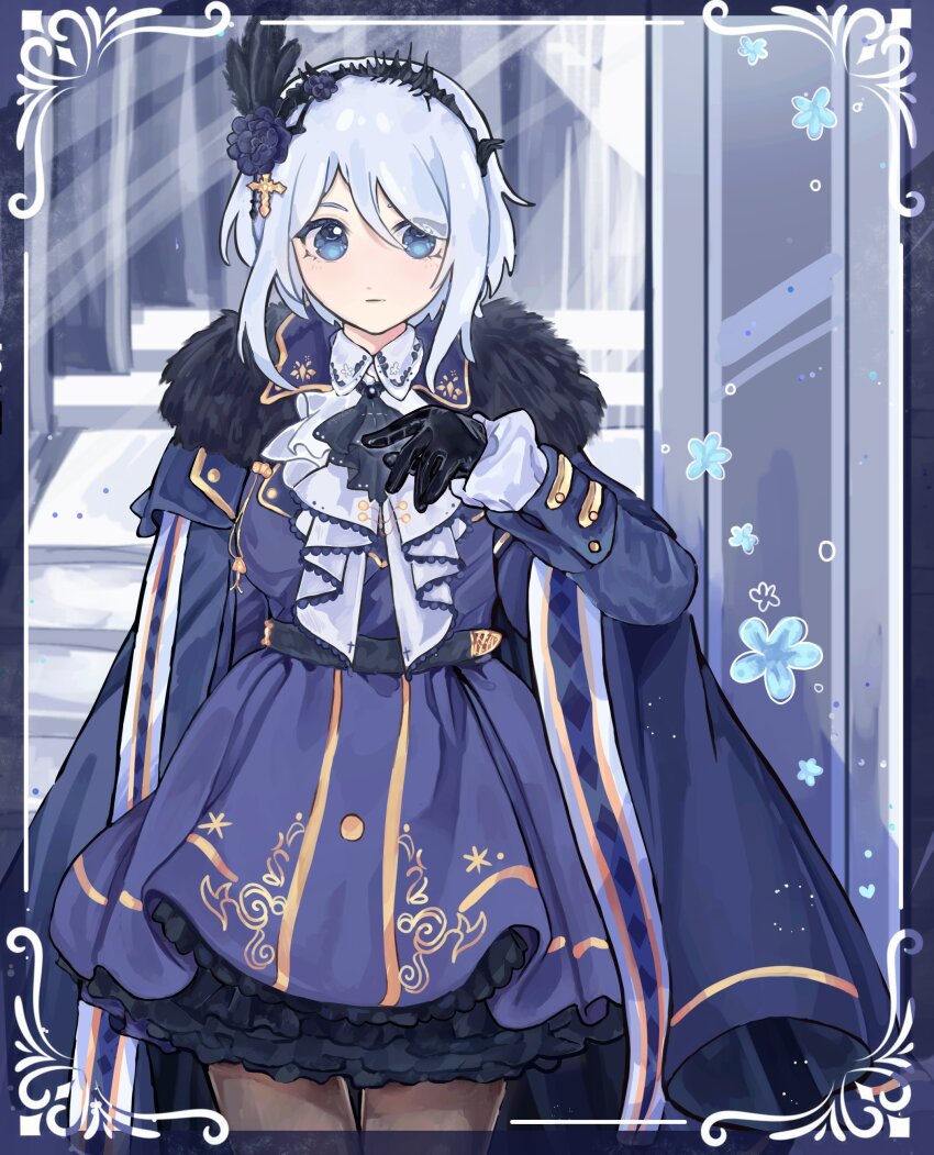 1girl, absurdres, ascot, blue_coat, blue_dress, bow, bowtie, breasts, brown_pantyhose, check_copyright, coat, coat_on_shoulders, copyright_request, dress, frilled_dress, frilled_sleeves, frills, hallway, hand_up, highres, kyuncat, lolita_fashion, medium_breasts, military_lolita, original, pantyhose, short_hair, solo, white_ascot, white_bow, white_bowtie, white_hair