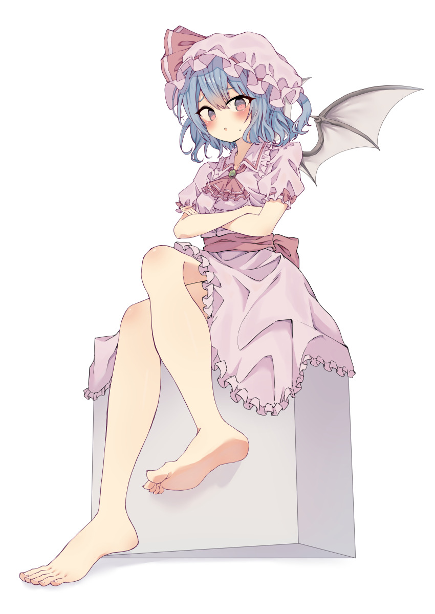 1girl, absurdres, ascot, bare_legs, barefoot, bat_wings, blue_hair, blush, breasts, collared_shirt, commentary_request, crossed_arms, crossed_legs, feet, foot_focus, frilled_shirt_collar, frills, hat, hat_ribbon, highres, looking_at_viewer, mob_cap, open_mouth, pink_hat, pink_shirt, pink_skirt, puffy_short_sleeves, puffy_sleeves, red_ascot, remilia_scarlet, ribbon, seika_okawari, shirt, short_sleeves, simple_background, sitting, skirt, solo, sweatdrop, toes, touhou, white_background, wings