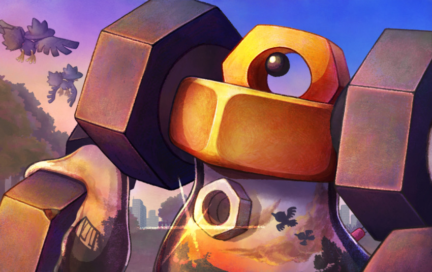 bird, black_eyes, commentary_request, day, devil_uo, gen_2_pokemon, gen_7_pokemon, looking_up