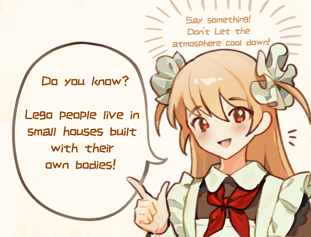 1girl, apron, as-zero, blonde_hair, commentary, english_commentary, english_text, flesh_blood_&amp;_concrete