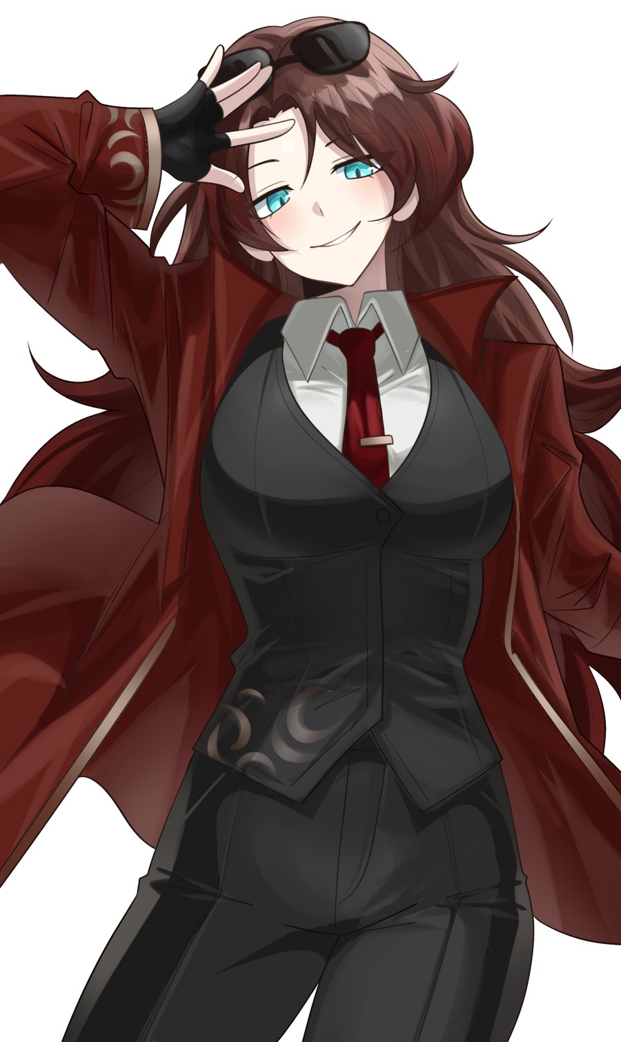 1girl, aqua_eyes, arm_up, breasts, collared_shirt, cowboy_shot, eyewear_on_head, highres