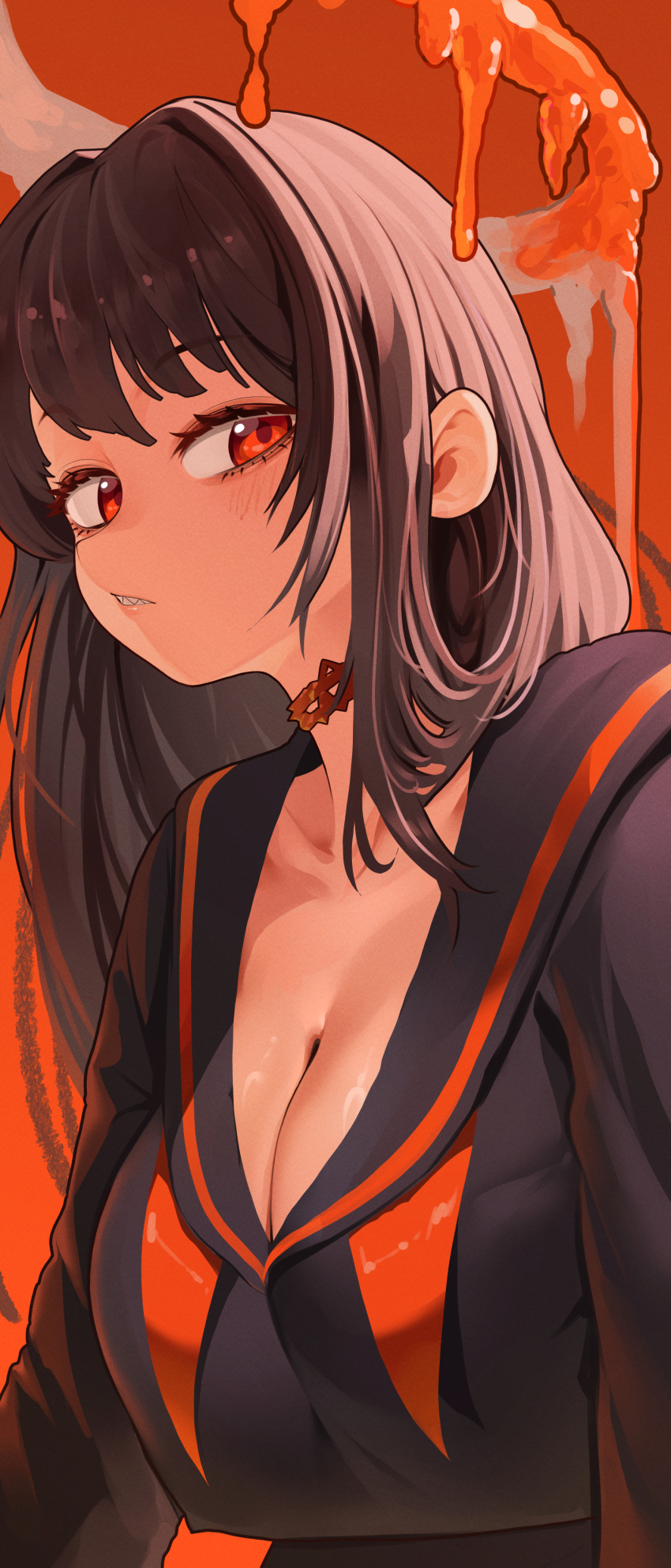 1girl, absurdres, black_hair, black_sailor_collar, black_serafuku, black_shirt, blue_archive, breasts, choker, cleavage, collarbone, halo, highres, jeongdang_geolae, large_breasts, long_hair, looking_at_viewer, melting_halo, red_choker, red_eyes, red_halo, sailor_collar, school_uniform, serafuku, shirt, solo, tsurugi_(blue_archive), upper_body