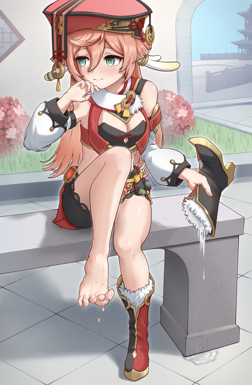 1girl, absurdres, barefoot, bench, blush, boots, dead_10001, feet, genshin_impact, green_eyes, hat, highres, long_hair, looking_to_the_side, orange_hair, shoes, sitting, soles, sweat, toes, unworn_boots, unworn_shoes, yanfei_(genshin_impact)