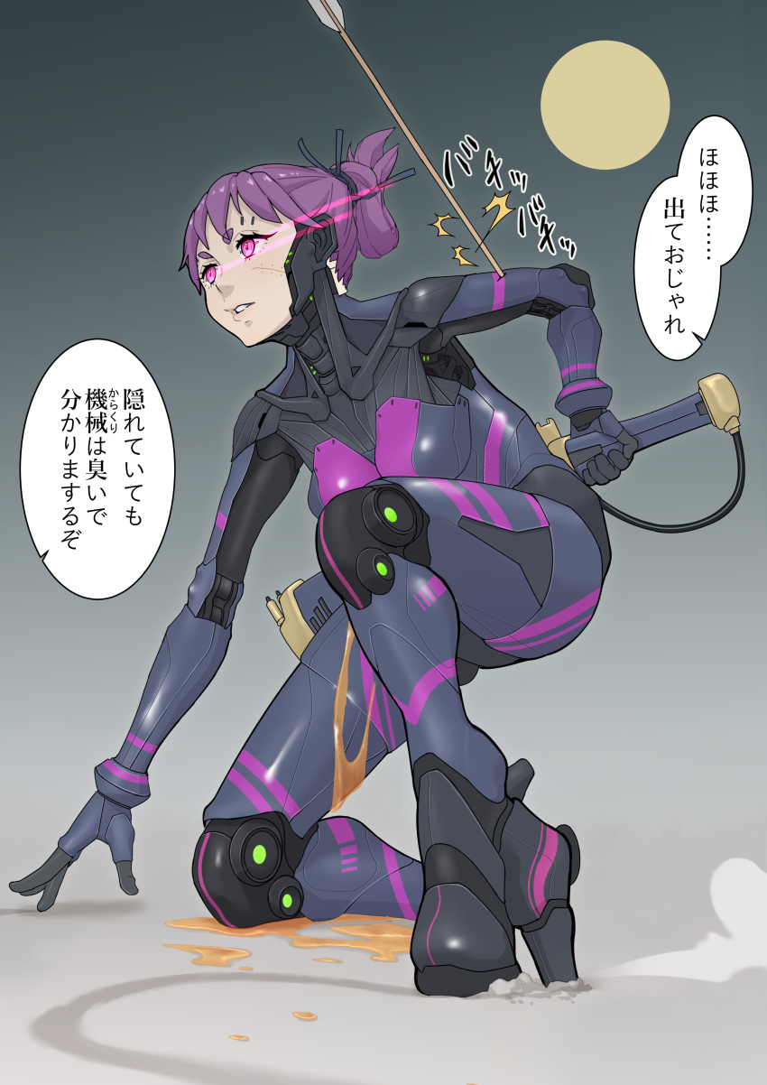 1girl, absurdres, android, arrow_(projectile), arrow_in_arm, arrow_in_body, eye_trail, full_body, high_heels, highres, joints, kimikahonma, kneeling, light_trail, mechabare, mechanical_arms, mechanical_legs, metal_skin, original, pink_eyes, purple_hair, robot_girl, robot_joints, sheath, sheathed, simple_background, solo, spilling, sword, weapon