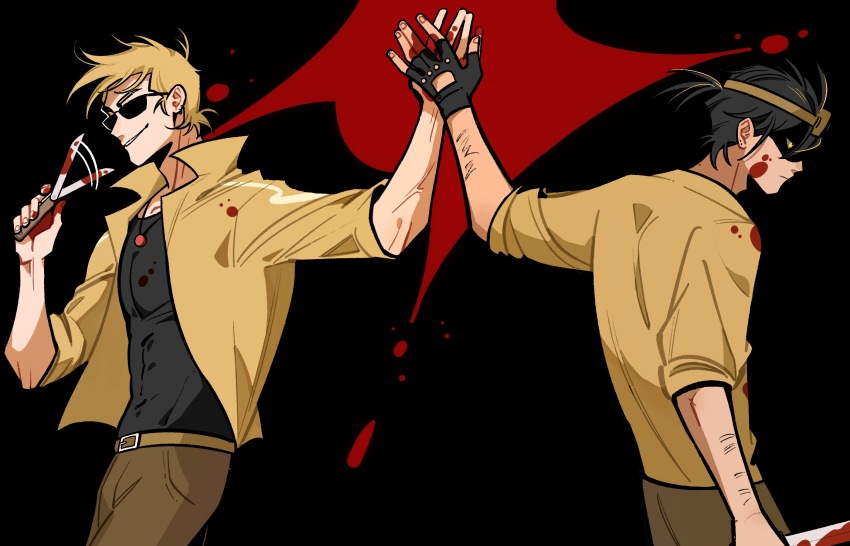 16personalities, 2boys, arm_up, black_gloves, black_hair, black_shirt, blood, brown_pants