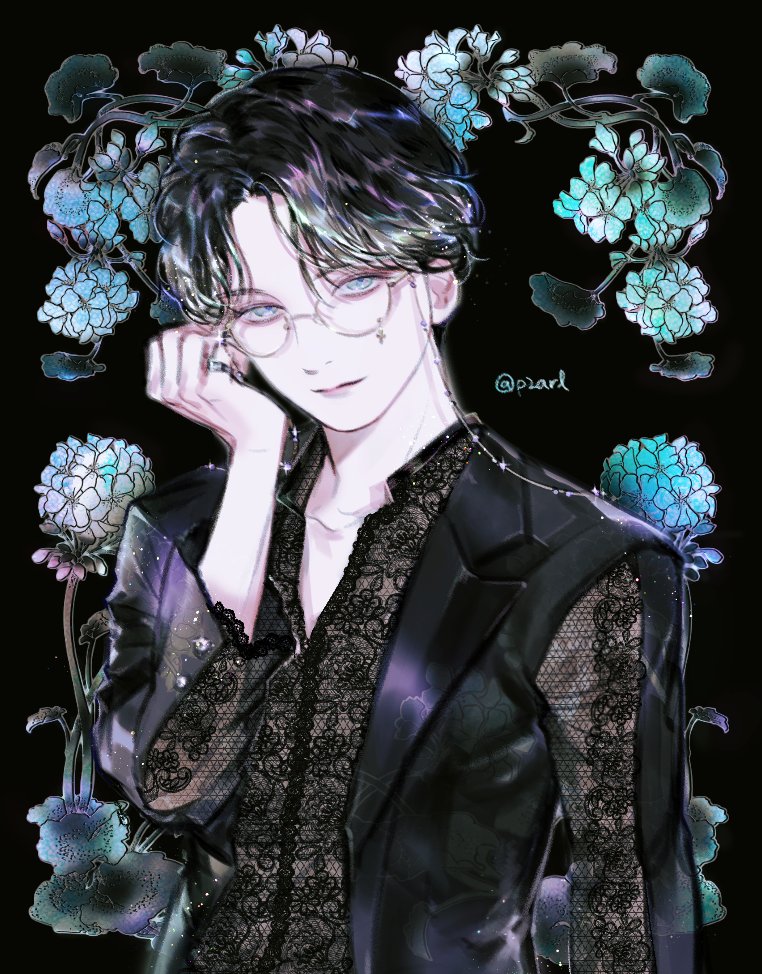 1boy, black_background, black_hair, blue_eyes, blue_flower, commentary, flower, glasses