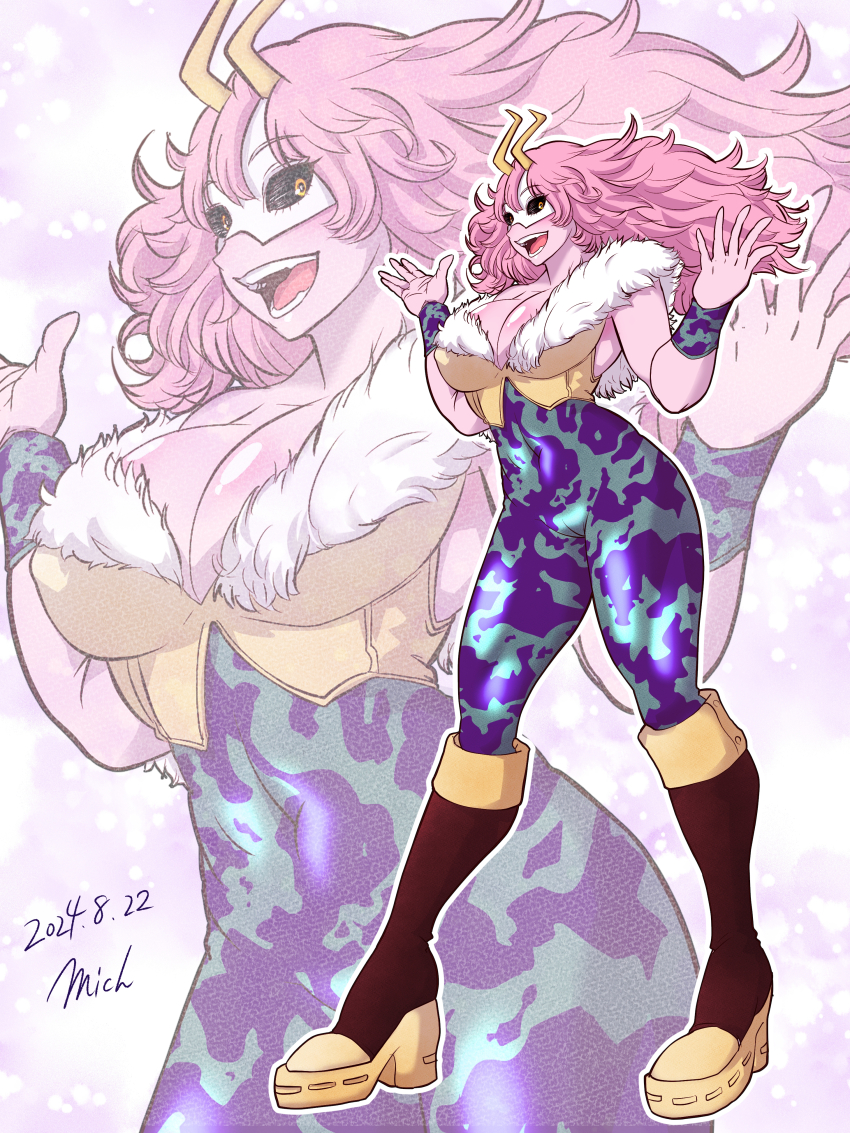 1girl, 2024, absurdres, aged_up, aqua_bodysuit, artist_name, ashido_mina, black_sclera, bodysuit, boku_no_hero_academia, boots, breasts, cleavage, colored_sclera, colored_skin, dated, female_focus, full_body, fur_trim, highres, horns, large_breasts, mask, mich_kj, multiple_views, open_mouth, pink_hair, pink_skin, smile, solo, standing, superhero_costume, yellow_eyes, yellow_horns, zoom_layer