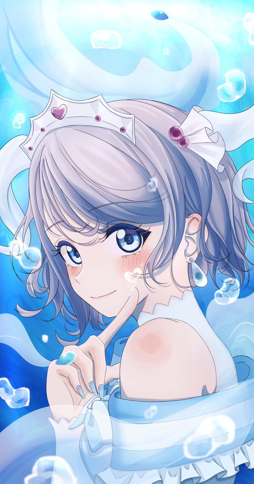 1girl, bare_shoulders, blue_eyes, blush, breasts, brown_hair, bubble, dress, earrings, frills, from_side, gem, grey_hair, hair_ornament, hana_y_chan, hand_up, heart, highres, jewelry, koi_ni_naritai_aquarium, large_breasts, looking_at_viewer, love_live!, love_live!_sunshine!!, nail_polish, ocean, ribbon, short_hair, smile, solo, tiara, underwear, watanabe_you, wavy_hair