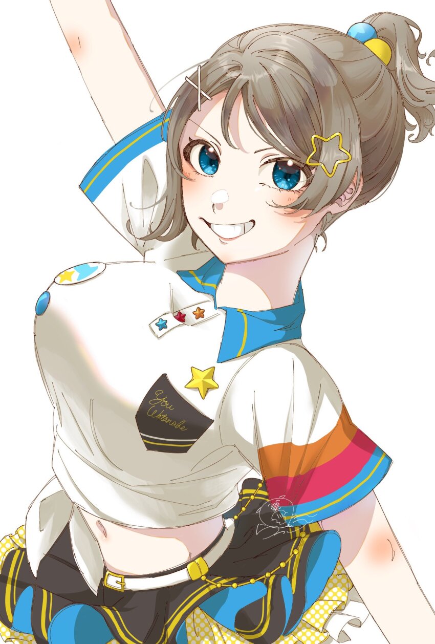 1girl, arm_up, blue_eyes, blush, breasts, brown_hair, collared_shirt, frilled_skirt, frills, highres, large_breasts, looking_at_viewer, love_live!, love_live!_sunshine!!, midriff, midriff_peek, navel, ponytail, rakko_no_yu_uyu, shirt, short_hair, short_sleeves, simple_background, skirt, smile, solo, stomach, teeth, watanabe_you, white_background