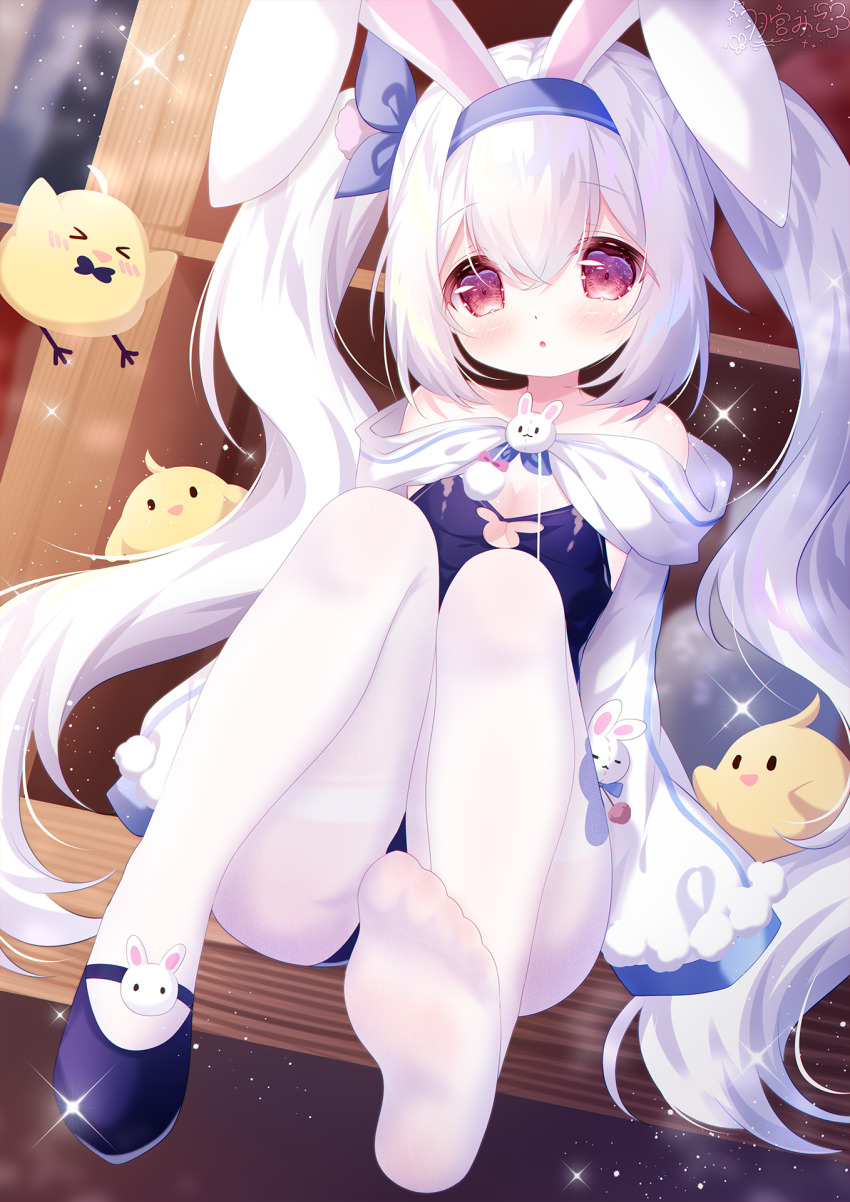 1girl, :o, animal_ears, azur_lane, bare_shoulders, blue_bow, blue_hairband, blue_leotard