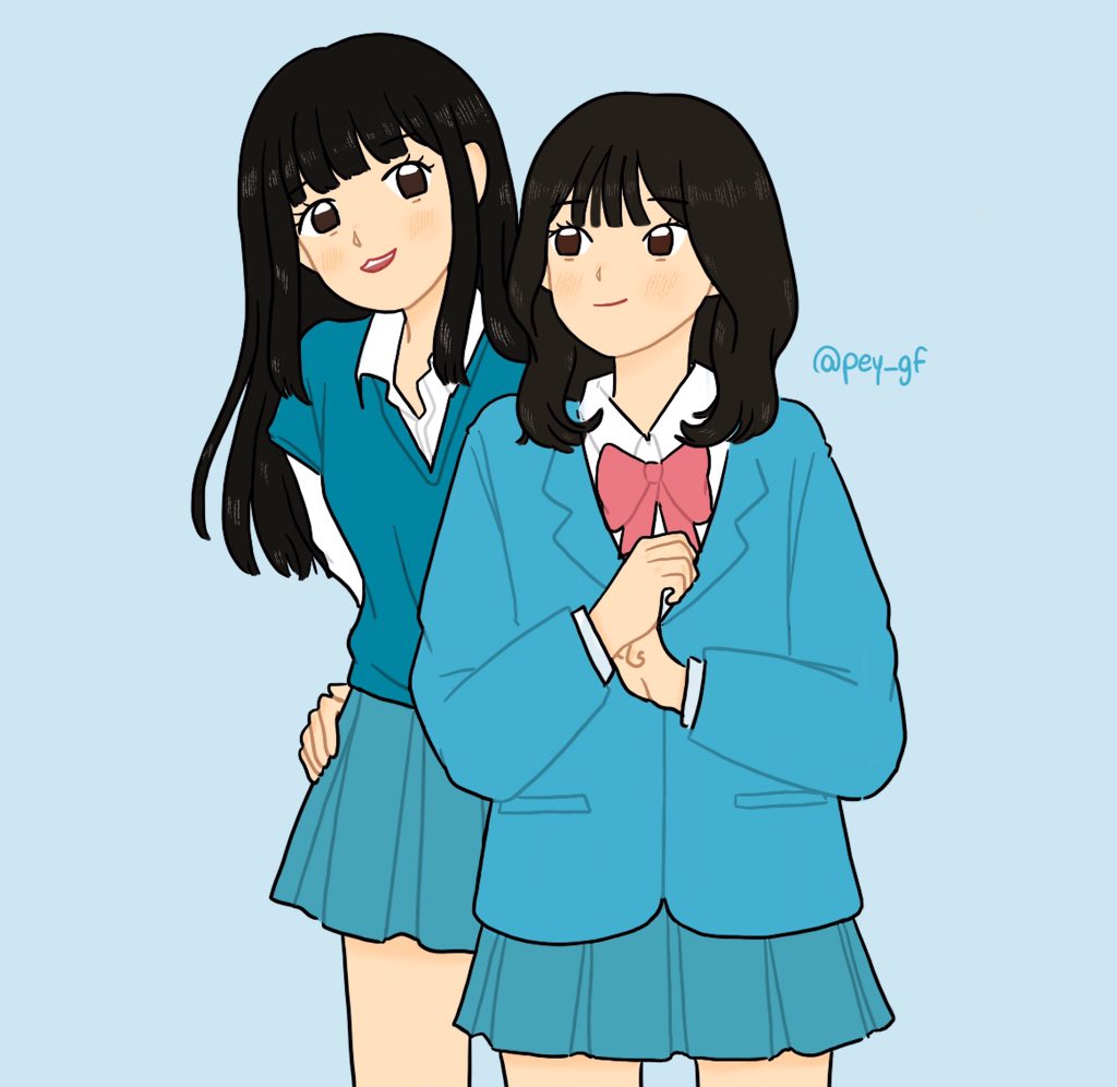 2girls, black_hair, blue_background, blue_jacket, blue_skirt, blunt_bangs, bow, bowtie