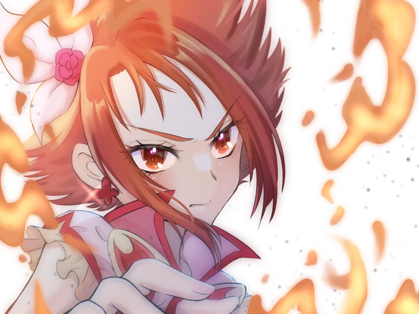 1girl, closed_mouth, collar, commentary_request, cure_rouge, earrings, flower, glint