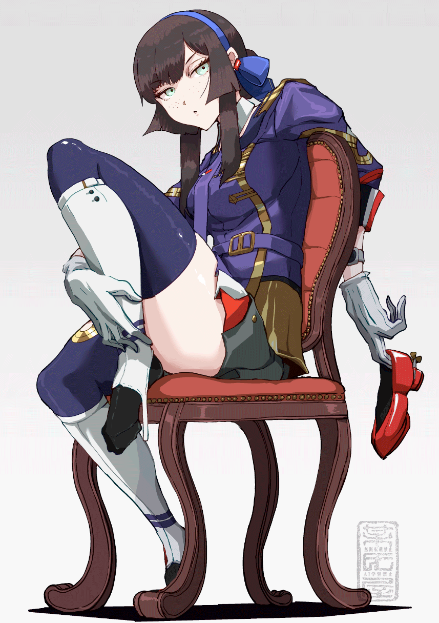 1girl, black_hair, black_skirt, blue_hairband, blue_jacket, blunt_sidelocks, boushi-ya, chair