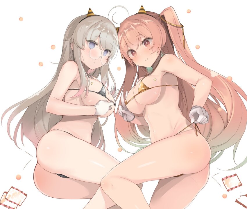 ahoge, bikini, blue_eyes, brown_eyes, brown_hair, commentary_request, cone_horns, feet_out_of_frame