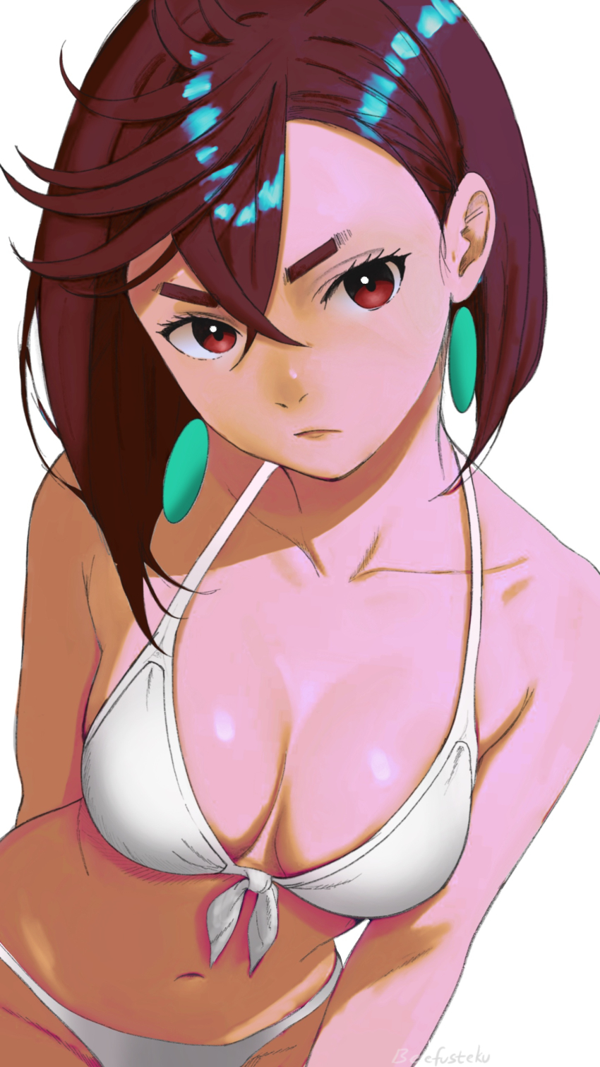 1girl, absurdres, arm_behind_back, ayase_momo, bare_shoulders, beefusteku, bikini, breasts, brown_eyes, brown_hair, cleavage, commentary, dandadan, earrings, english_commentary, hair_between_eyes, highres, jewelry, looking_at_viewer, medium_breasts, medium_hair, pendant_earrings, simple_background, solo, swimsuit, white_background, white_bikini