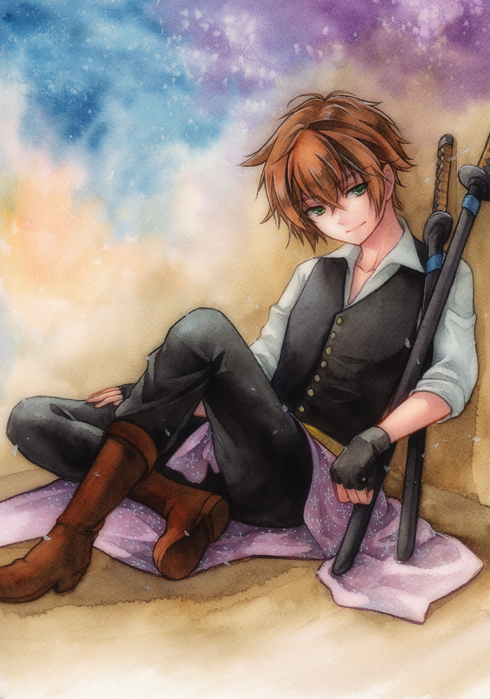 10s, 1boy, bad_id, bad_pixiv_id, boots, brown_hair, fingerless_gloves, geroro