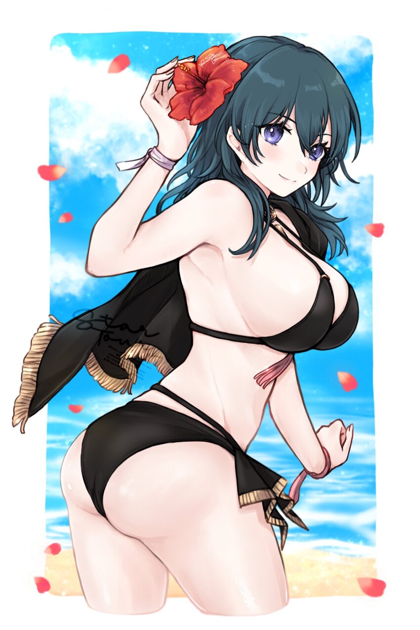 1girl, armpits, ass, beach, bikini, black_bikini, black_cape, blue_eyes